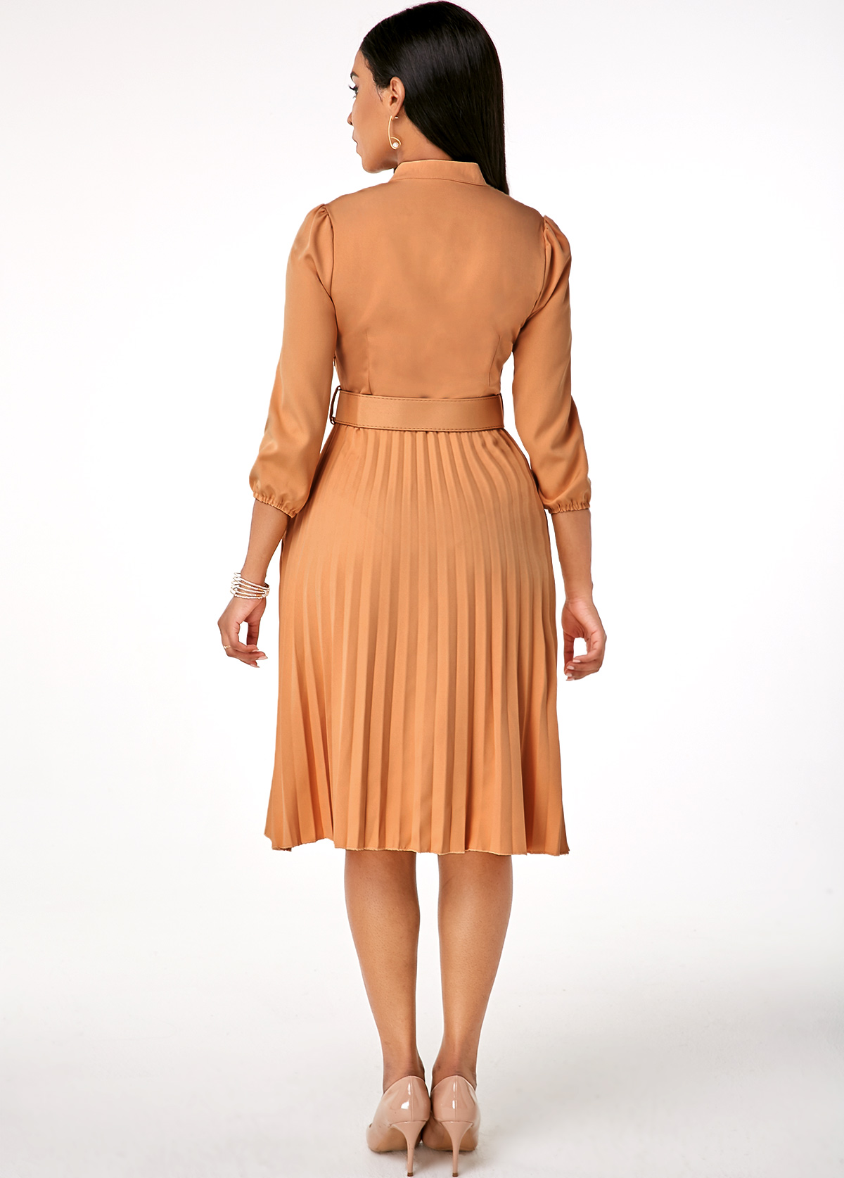 Pleated Hem Button Up Buckle Belted Dress USD 34.99