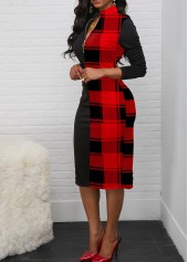 Quarter Zip Long Sleeve Plaid Print Dress