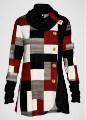 Geometric Print Decorative Button Plus Size Tunic Top