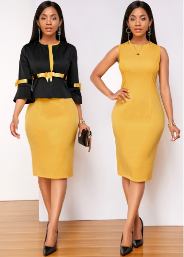 Rosewe Cocktail Party Dress Contrast Bowknot Top and Round Neck Dress - S