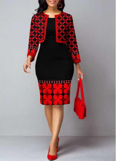 Rosewe Women Black And Red Tribal Print Sheath Holiday Dress Two Piece Plaid Three Quarter Sleeve Midi Dress - M