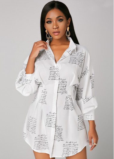 Rosewe White Dresses Button Up Turndown Collar Letter Print Shirt Dress - XL