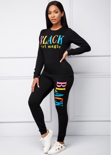 Rosewe Round Neck Long Sleeve Letter Print Sweatsuit Set - M