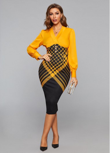 Rosewe Cocktail Party Dress V Neck Faux Two Piece Plaid Dress - M