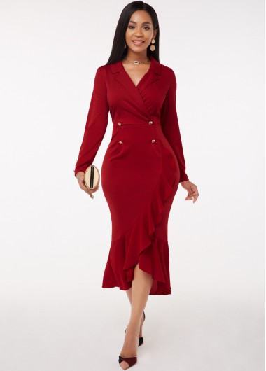Rosewe Red Dresses Notch Collar Flounce Long Sleeve Button Detail Dress - M