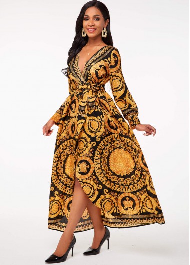Rosewe Women Bohemian Printed V Neck Belted Maxi Flowy Dress Plunging Neck Long Sleeve Cocktail Party Dress - S