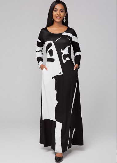 Rosewe Cocktail Party Dress Round Neck Pocket Graffiti Print Maxi Dress - S