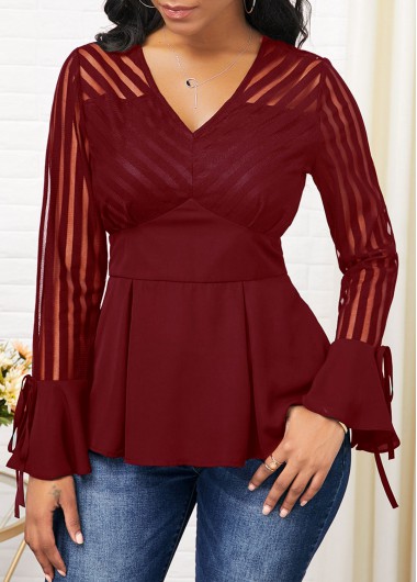 Rosewe Flare Cuff V Neck Mesh Panel Blouse - M