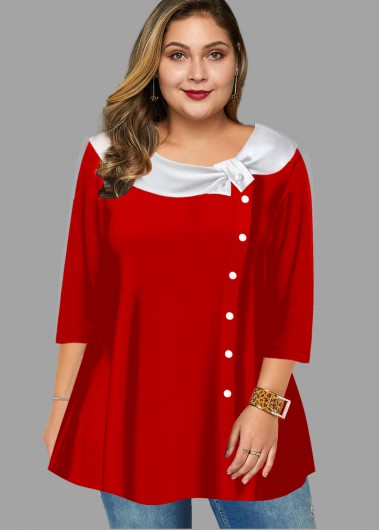 Christmas Rosewe Women Red Plus Size Holiday Cute Blouse Xmas Three Quarter Sleeve Tunic Top - 1X