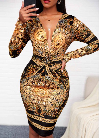 Rosewe Cocktail Party Dress Long Sleeve Deep V Neck Tribal Print Dress - M