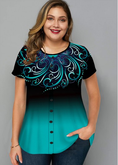 Rosewe Tribal Print Ombre Plus Size T Shirt - 3X