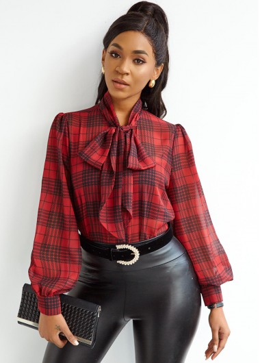 Rosewe Lantern Sleeve Plaid Bow Collar Blouse - XL