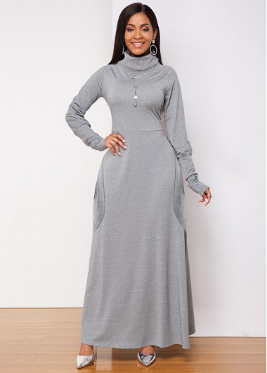 Rosewe Cocktail Party Dress Side Pocket Turtleneck Long Sleeve Dress - M