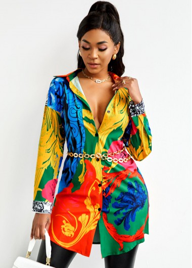 Rosewe Turndown Collar Tribal Print Button Up Blouse - 2XL