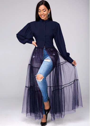 Rosewe Button Up Mesh Contrast Lantern Sleeve Blouse - M