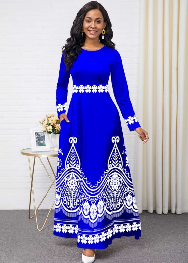 Rosewe Cocktail Party Dress Round Neck Pocket Tribal Print Maxi Dress - XXL