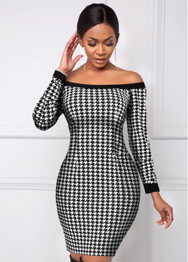 Rosewe Black Dresses Long Sleeve Houndstooth Print Boat Neck Dress - M