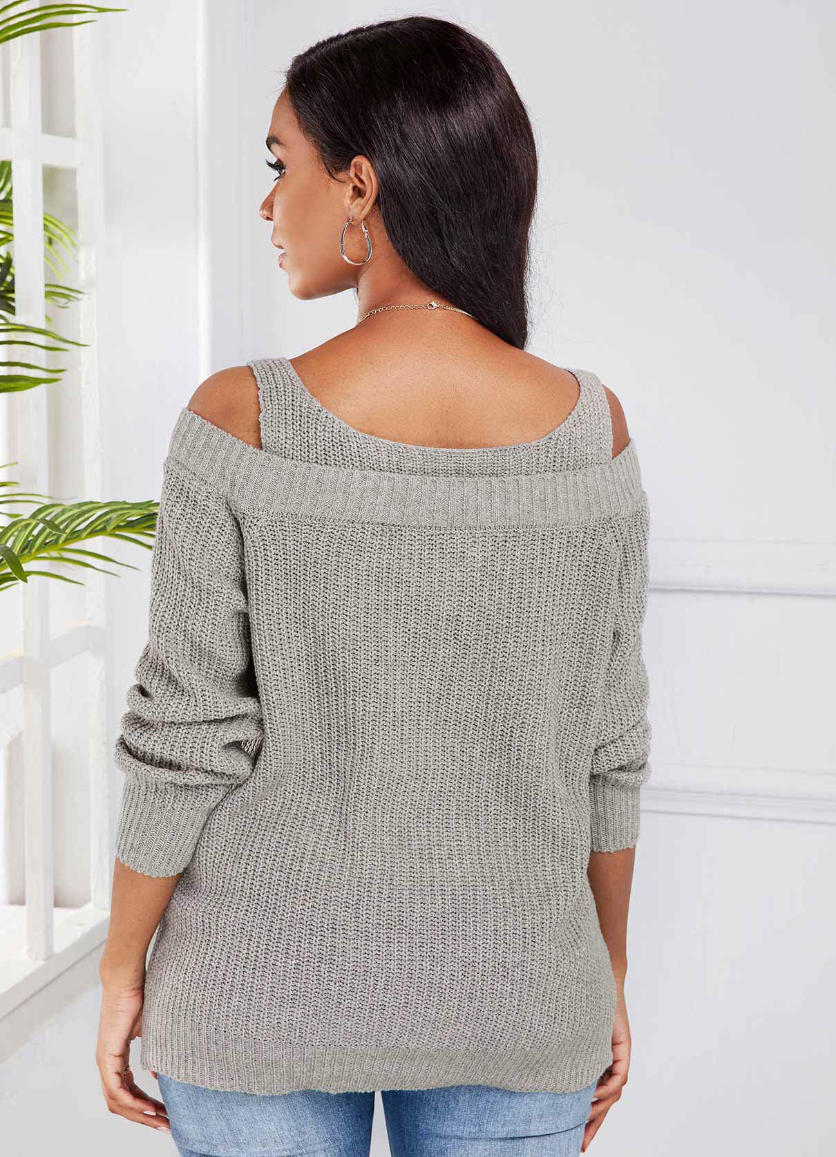 Light Grey Cold Shoulder Long Sleeve Sweater