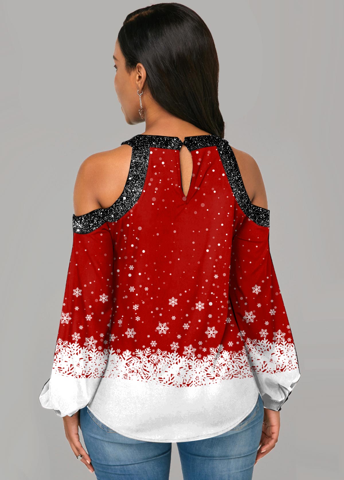 Sequin Contrast Christmas Print Cold Shoulder Blouse