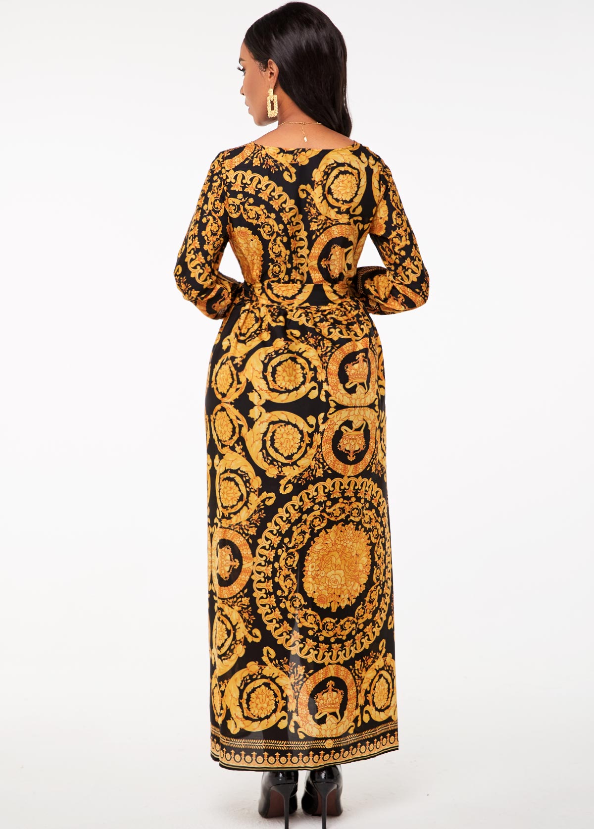Belted Bohemian Print V Neck Dress