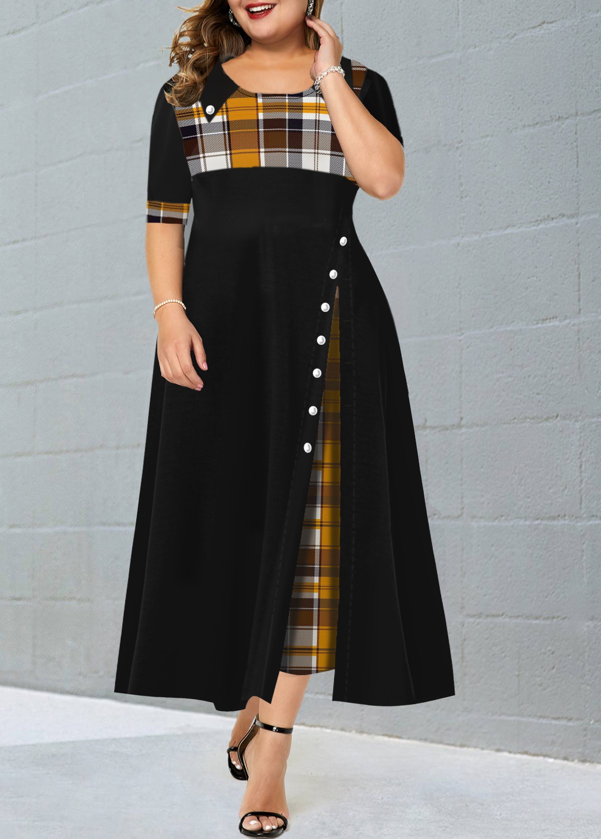 Plaid Contrast Plus Size Maxi Dress