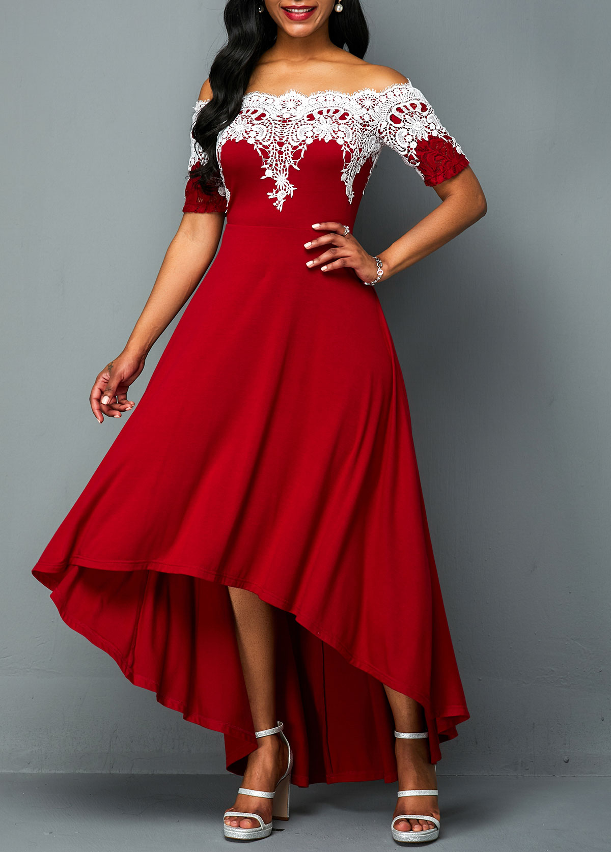 Off Shoulder Lace Stitching Plus Size High Low Dress