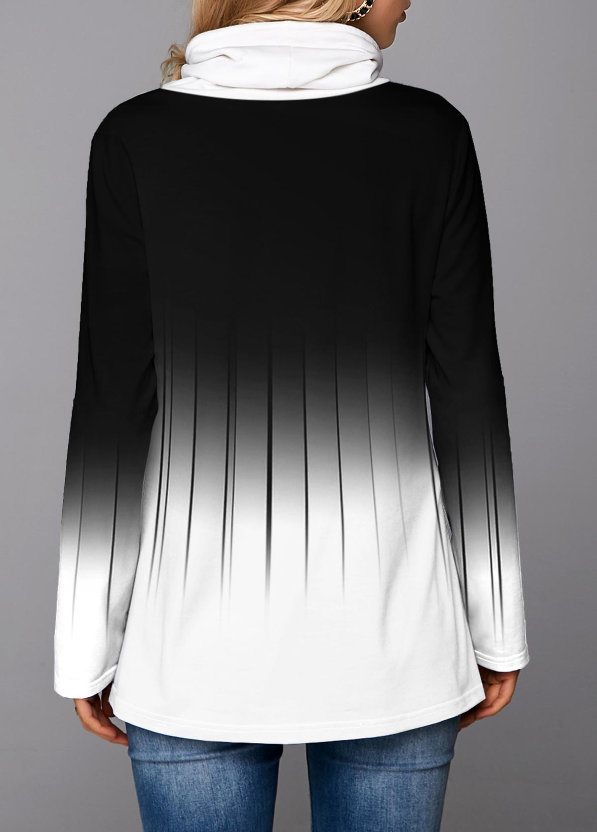 Ombre White Cowl Neck Regular Sleeve Sweatshirt