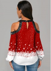 Sequin Contrast Christmas Print Cold Shoulder Blouse