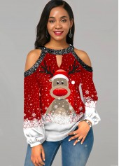 Sequin Contrast Christmas Print Cold Shoulder Blouse