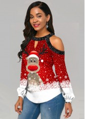 Sequin Contrast Christmas Print Cold Shoulder Blouse