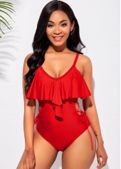 Flounce Spaghetti Strap Lace Up One Piece Swimwear