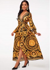 Belted Bohemian Print V Neck Dress