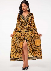 Belted Bohemian Print V Neck Dress