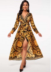 Belted Bohemian Print V Neck Dress