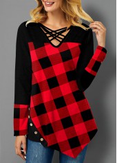 Button Plaid Asymmetric Hem T Shirt