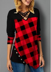 Button Plaid Asymmetric Hem T Shirt