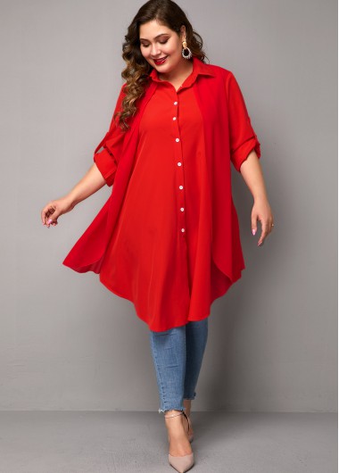 Women&apos;S Red Button Up Asymmetric Hem Plus Size Blouse Solid Color Long Sleeve Longline Tunic Casual Top By Rosewe - 3X