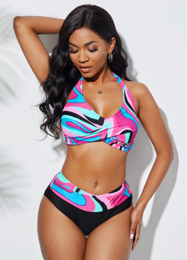 Rosewe Geometric Print High Waist Halter Bikini Set - 18