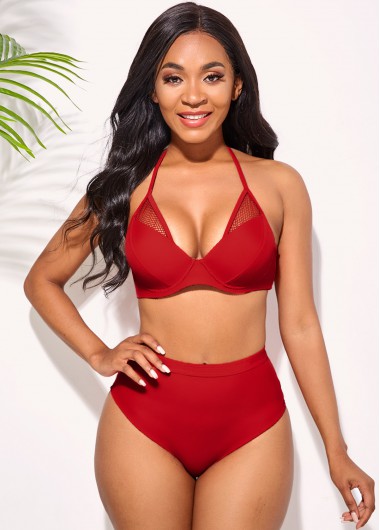 Rosewe Halter Lace Stitching Red High Waisted Bikini Set - XL