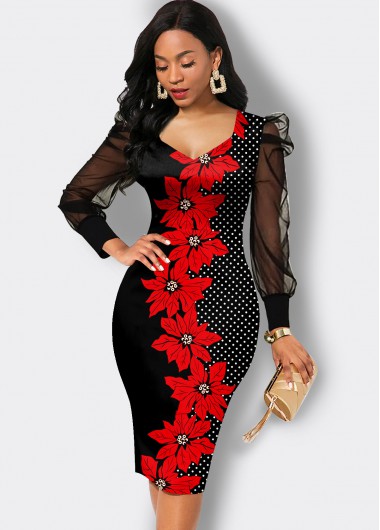 Rosewe Black Dresses Floral Print Mesh Long Sleeve Sheath Dress - S