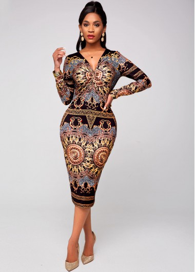 Rosewe Wedding Guest Dress Long Sleeve Tribal Print V Neck Dress - M