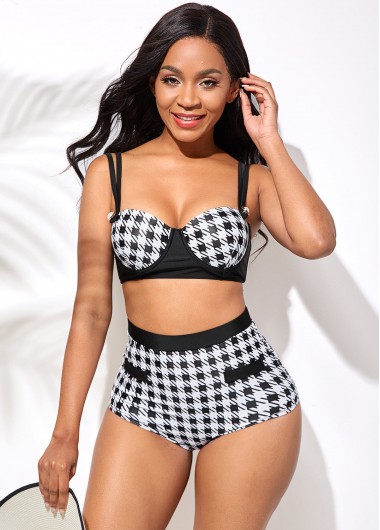 Rosewe Double Strap High Waist Houndstooth Print Bikini Set - XL