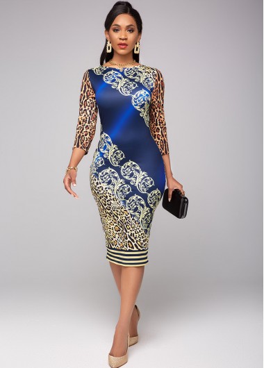 Rosewe Cocktail Party Dress 3/4 Sleeve Leopard Round Neck Dress - XL