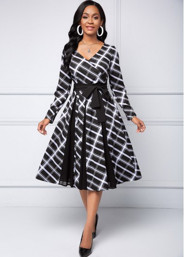 Rosewe Black Dresses V Neck Long Sleeve Plaid dress - S
