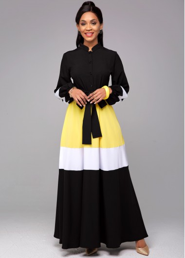 Rosewe Cocktail Party Dress Tie Front Contrast Long Sleeve Dress - M