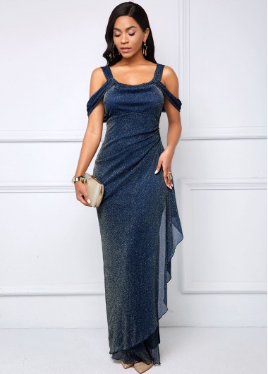 Rosewe Cocktail Party Dress Side Slit Bright Silk Strappy Cold Shoulder Dress - XL