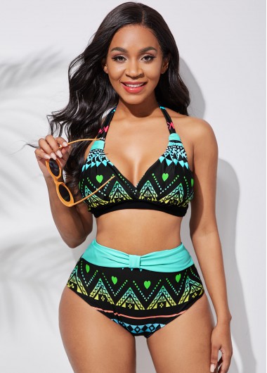Rosewe Contrast Tribal Print Halter High Waisted Bikini Set - M