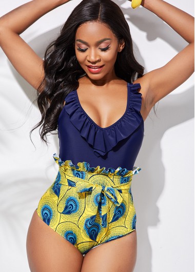 Rosewe Tie Front Tribal Print Flounce One Piece Swimwear - M