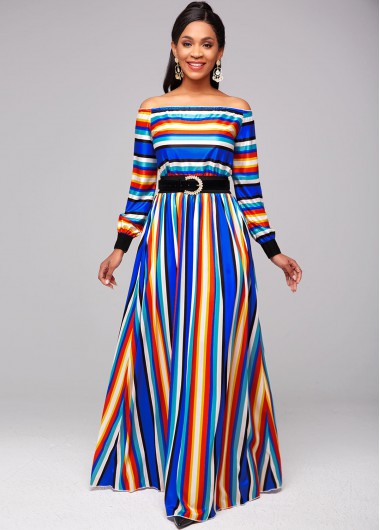 Rosewe Cocktail Party Dress Off Shoulder Top and Rainbow Color Striped Skirt - M
