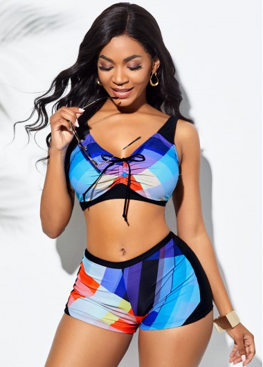 Rosewe Colorful Printed Drawstring Front Bikini Set - L